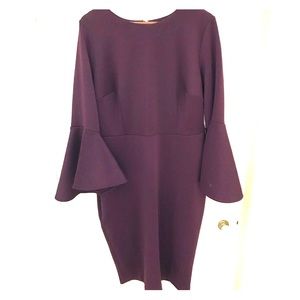 Plum-Colored Flared Sleeve Fitted Scuba Dress